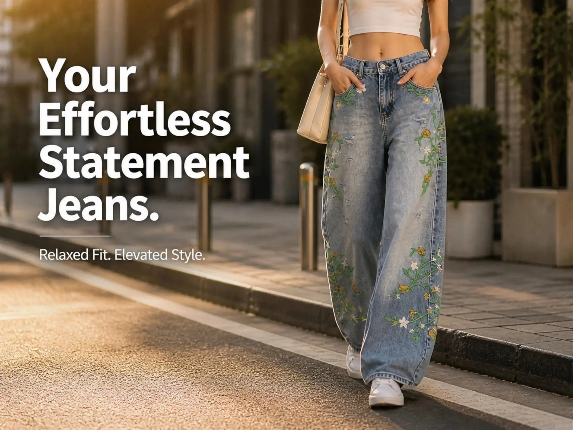 Wide Leg Floral Jeans for Women JuChachaShop