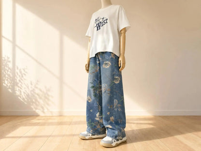 Floral Wide Leg Jeans – Relaxed Streetwear Denim JuChachaShop