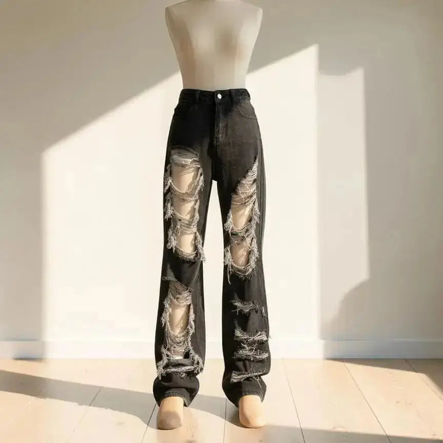 Women's High Waist Ripped Wide Leg Jeans | Vintage Streetwear Denim JuChachaShop
