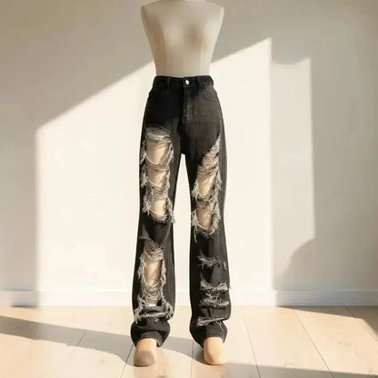 Women's High Waist Ripped Wide Leg Jeans | Vintage Streetwear Denim JuChachaShop