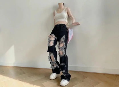 Women's High Waist Ripped Wide Leg Jeans – Vintage Streetwear & Denim JuChachaShop