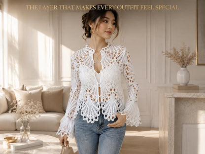Women's Lace Crochet Cardigan | Open Front Romantic Layering Top