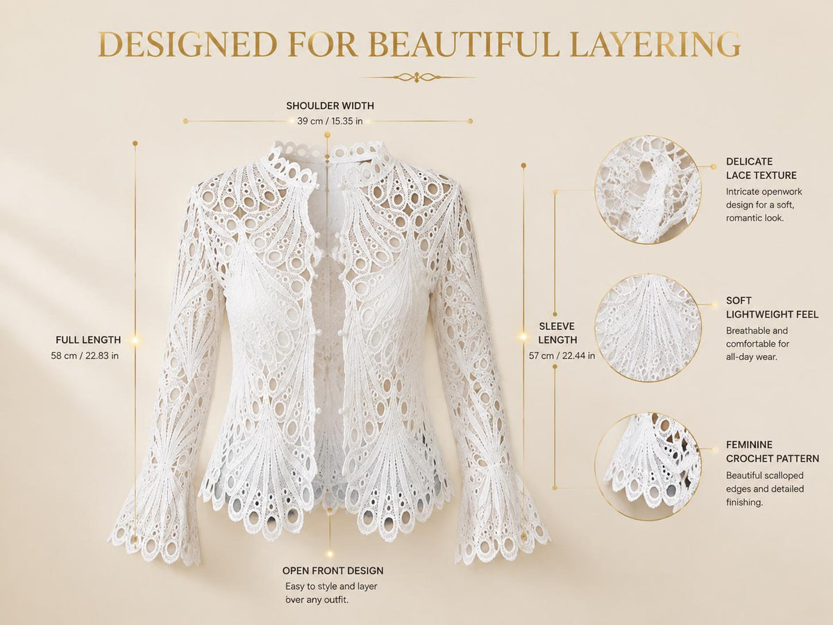 Women's Lace Crochet Cardigan | Open Front Romantic Layering Top