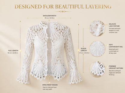Women's Lace Crochet Cardigan | Open Front Romantic Layering Top