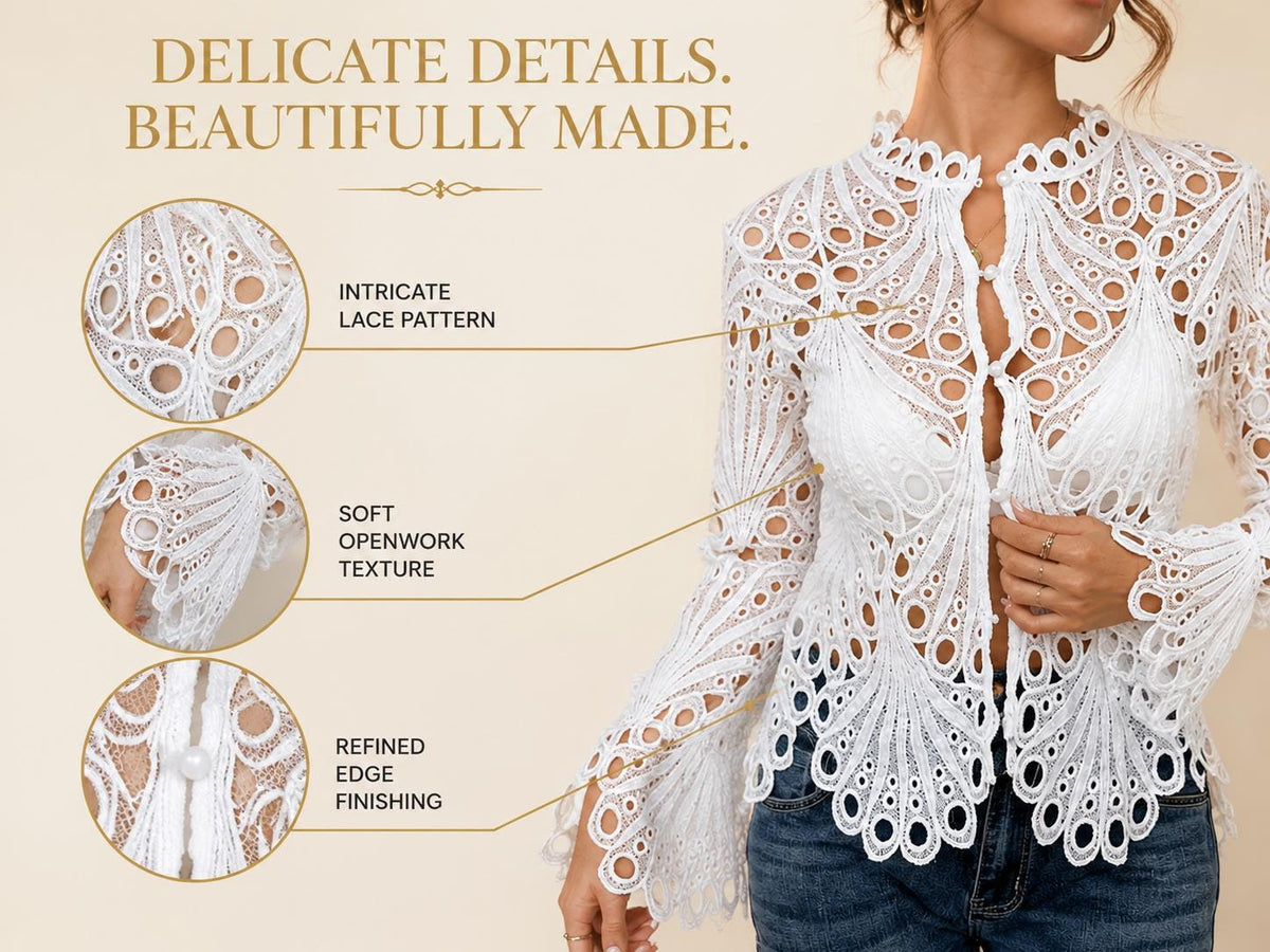Women's Lace Crochet Cardigan | Open Front Romantic Layering Top