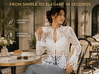 Women's Lace Crochet Cardigan | Open Front Romantic Layering Top