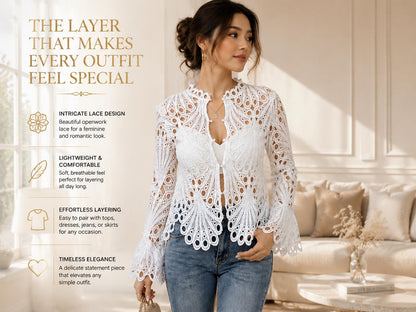 Women's Lace Crochet Cardigan | Open Front Romantic Layering Top
