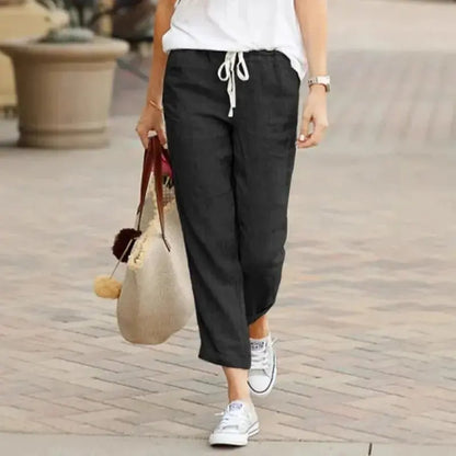 Women's Linen Pants | High-Waisted Drawstring Ankle-Length Trousers JuChachaShop