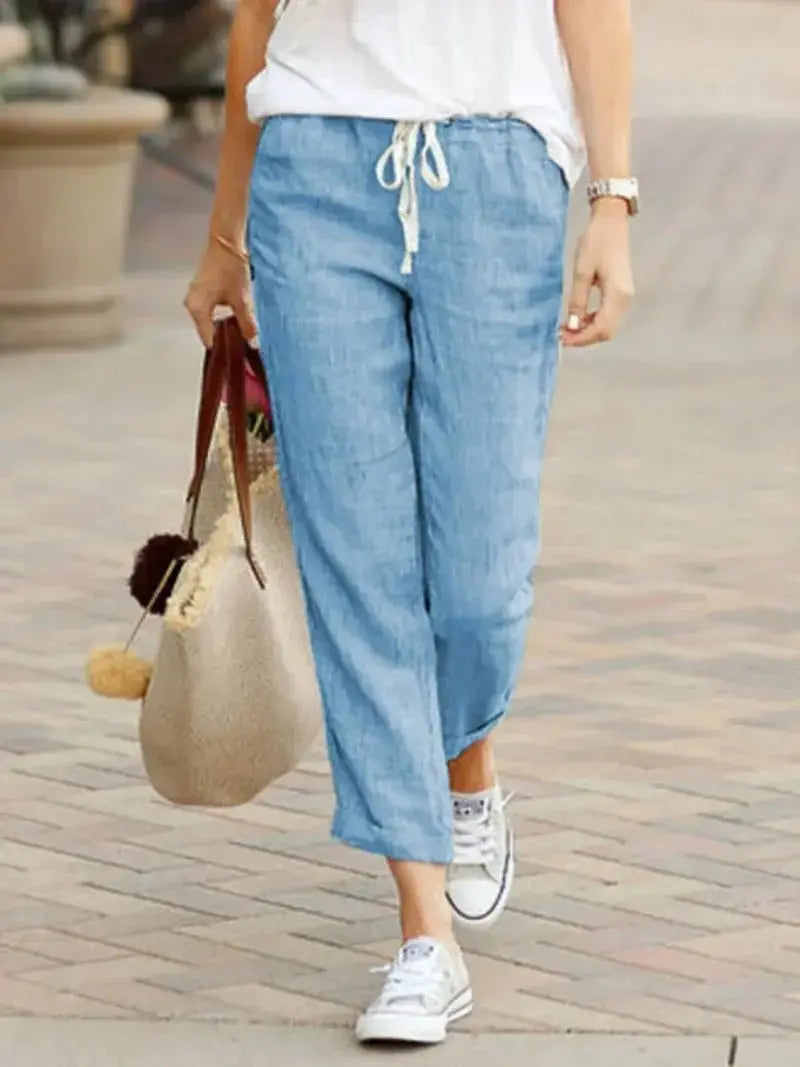 Women's Linen Pants | High-Waisted Drawstring Ankle-Length Trousers JuChachaShop