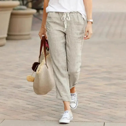 Women's Linen Pants | High-Waisted Drawstring Ankle-Length Trousers JuChachaShop