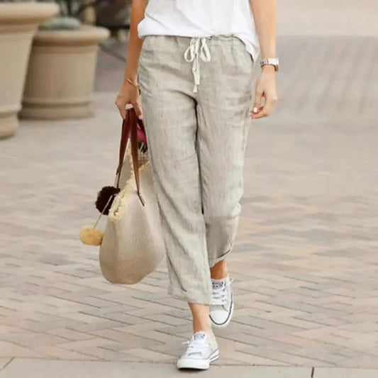Women's Linen Pants | High-Waisted Drawstring Ankle-Length Trousers JuChachaShop