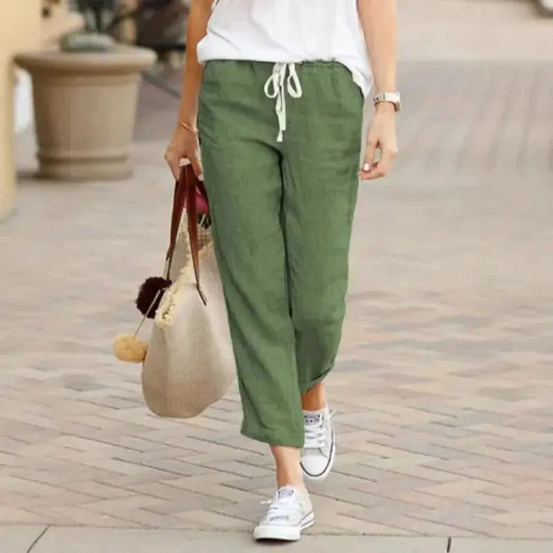 Women's Linen Pants | High-Waisted Drawstring Ankle-Length Trousers JuChachaShop