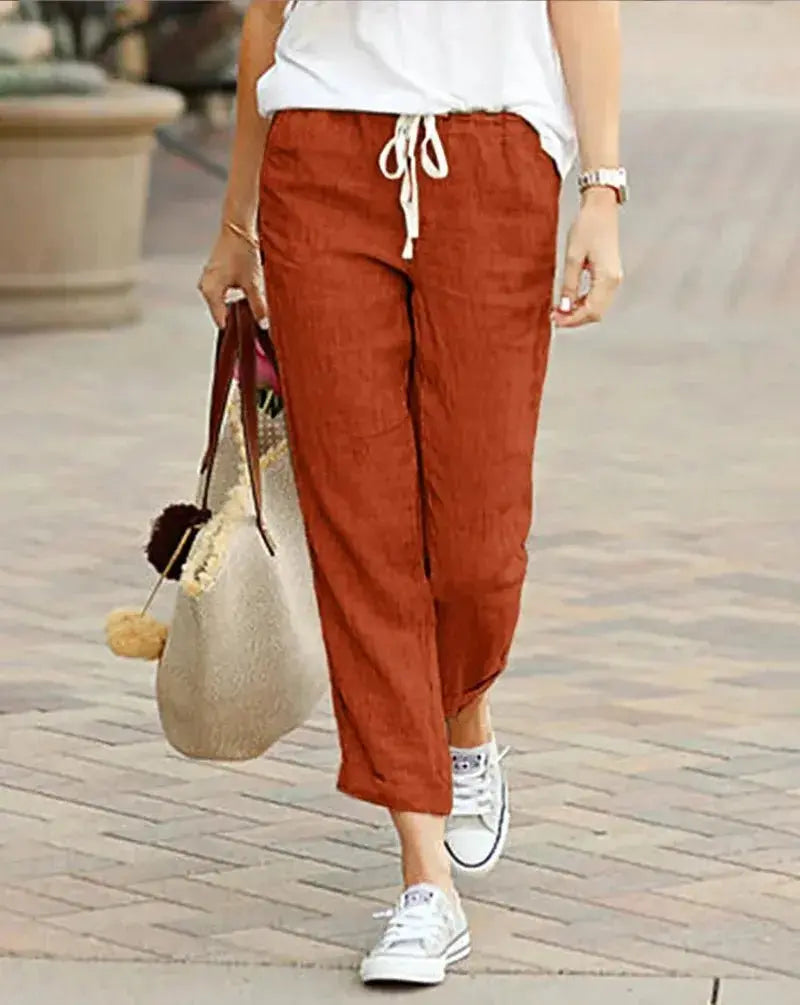 Women's Linen Pants | High-Waisted Drawstring Ankle-Length Trousers JuChachaShop