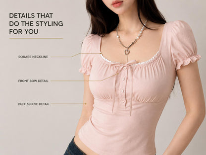 Women's Square Neck Puff Sleeve Top, Lace Trim Bow Detail Blouse