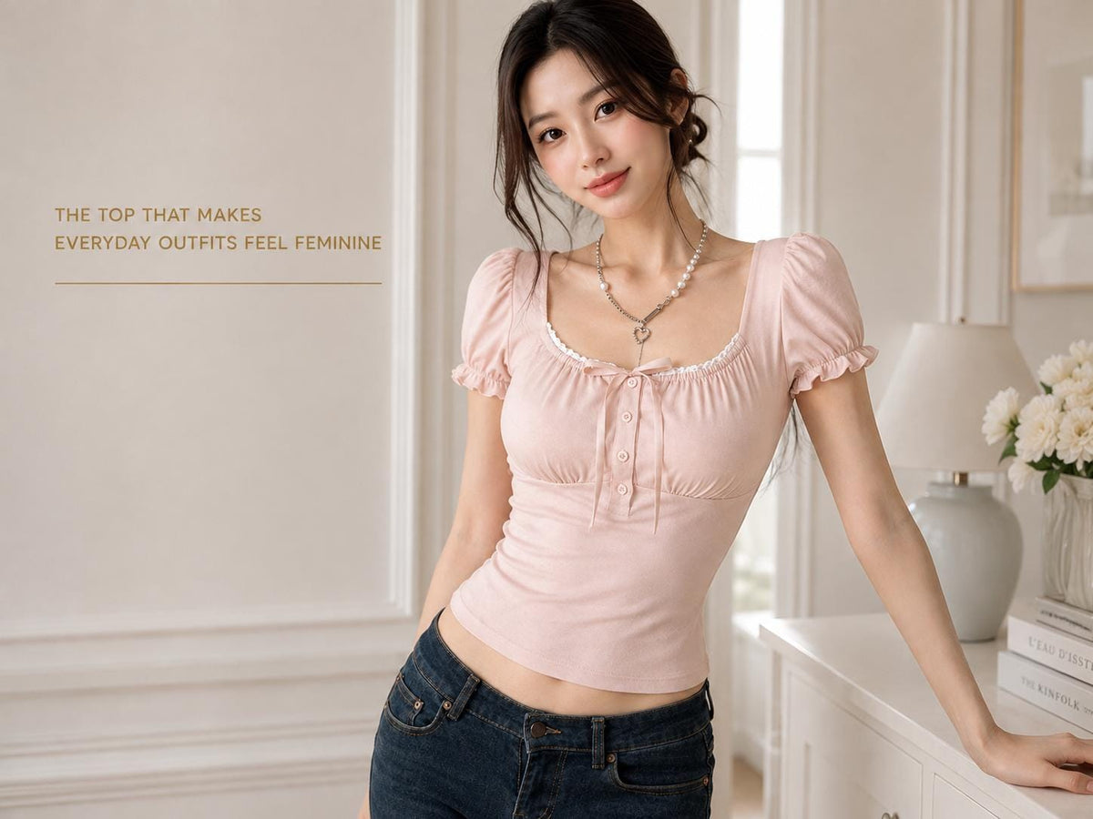 Women's Square Neck Puff Sleeve Top, Lace Trim Bow Detail Blouse