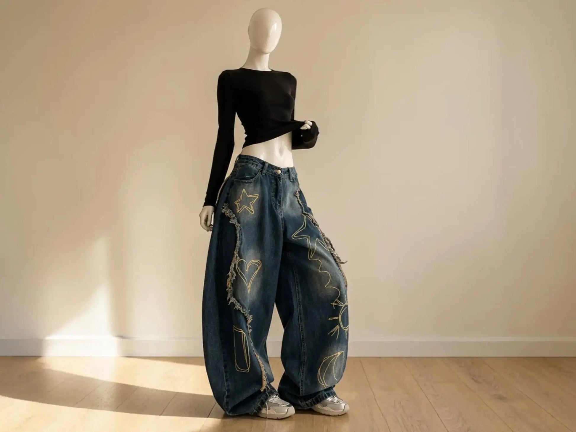 Women's Star Embroidered Wide Leg Jeans | Casual Streetwear Denim JuChachaShop