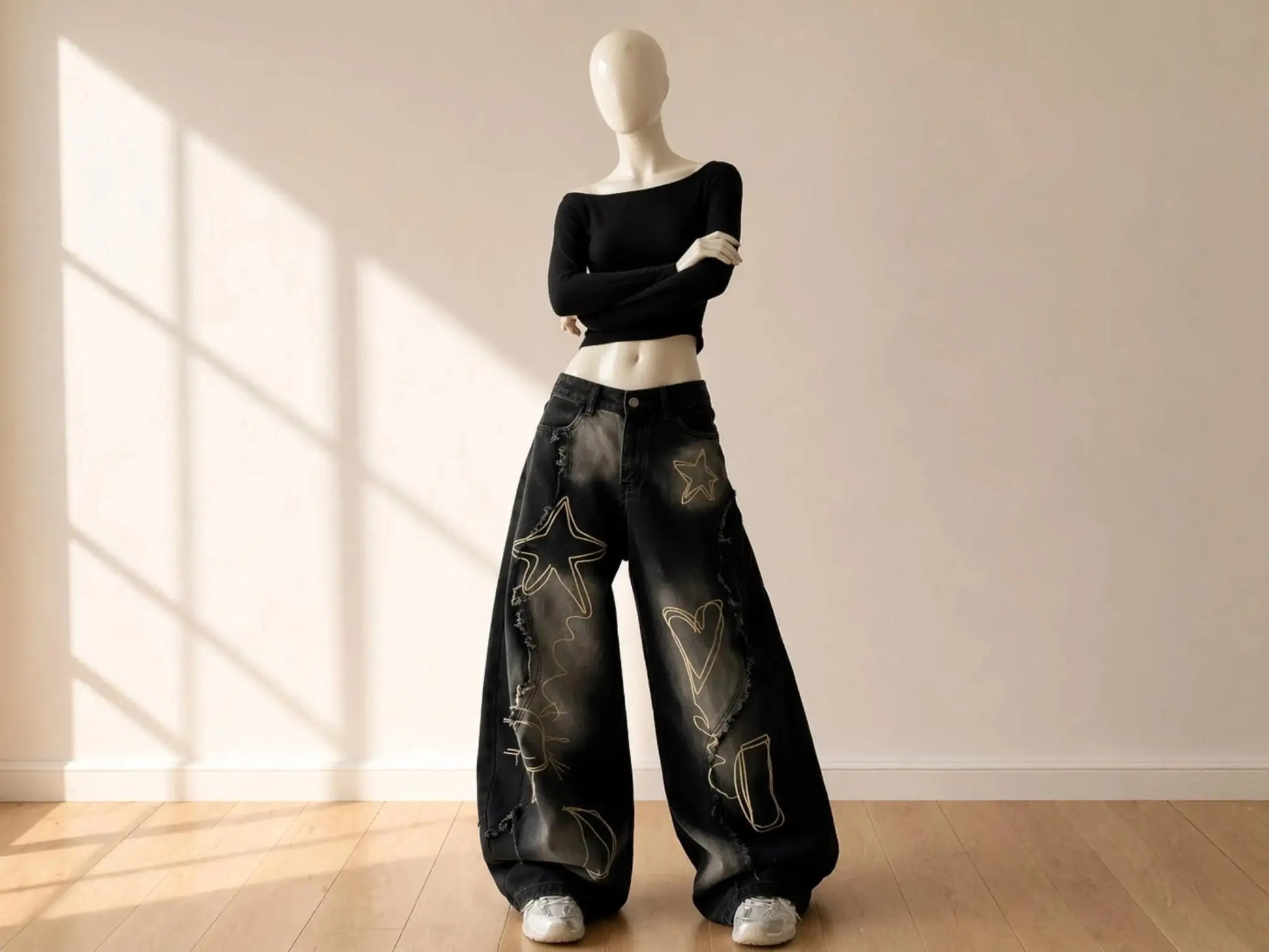 Women's Star Embroidered Wide Leg Jeans | Casual Streetwear Denim JuChachaShop