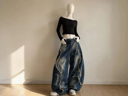 Women's Star Embroidered Wide Leg Jeans | Casual Streetwear Denim JuChachaShop