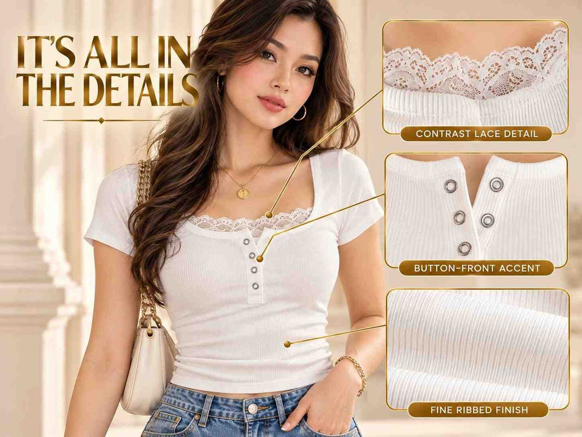 Y2K Lace Trim Square Neck Button Top, Coquette Style Tee (Short Sleeve)