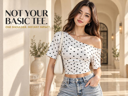Y2K Polka Dot One Shoulder Crop Top, Ruched Asymmetrical Summer Top