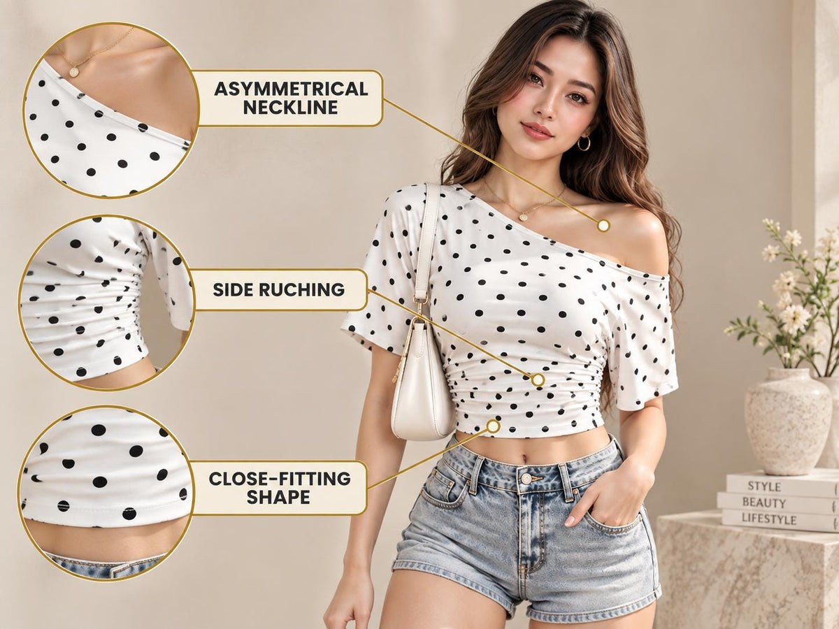 Y2K Polka Dot One Shoulder Crop Top, Ruched Asymmetrical Summer Top