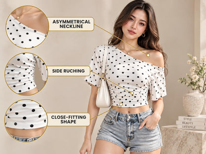 Y2K Polka Dot One Shoulder Crop Top, Ruched Asymmetrical Summer Top