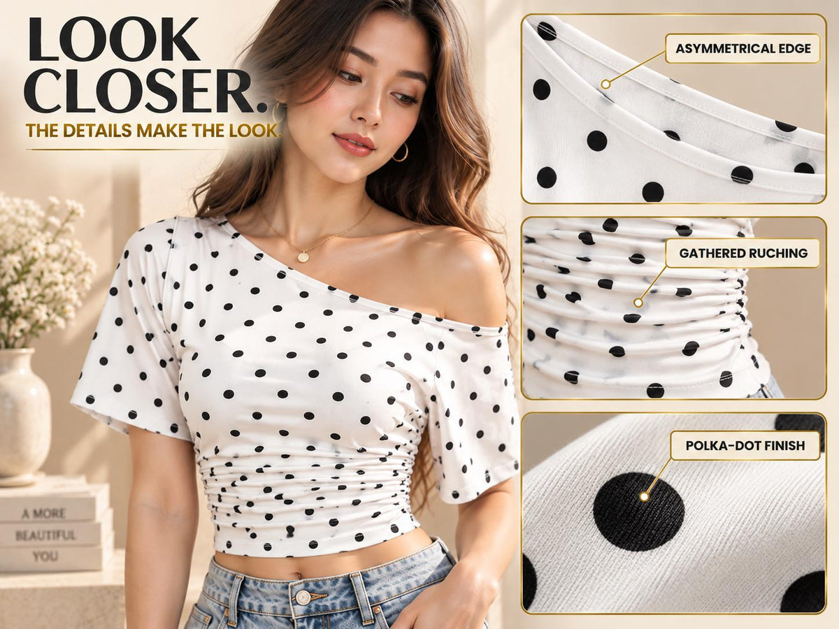 Y2K Polka Dot One Shoulder Crop Top, Ruched Asymmetrical Summer Top